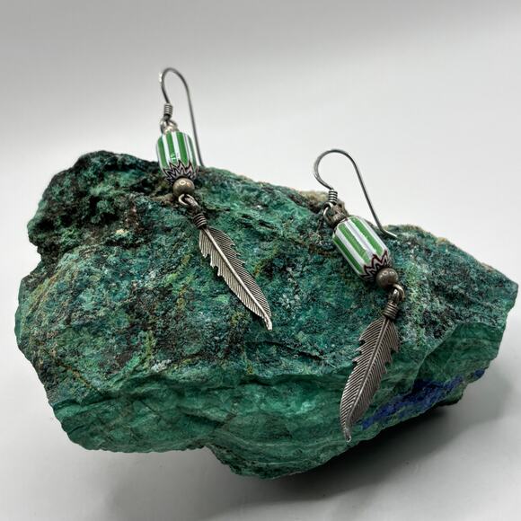 1970's Dangle Earrings with Silver Tone Feather and Bead - Picture 2 of 7
